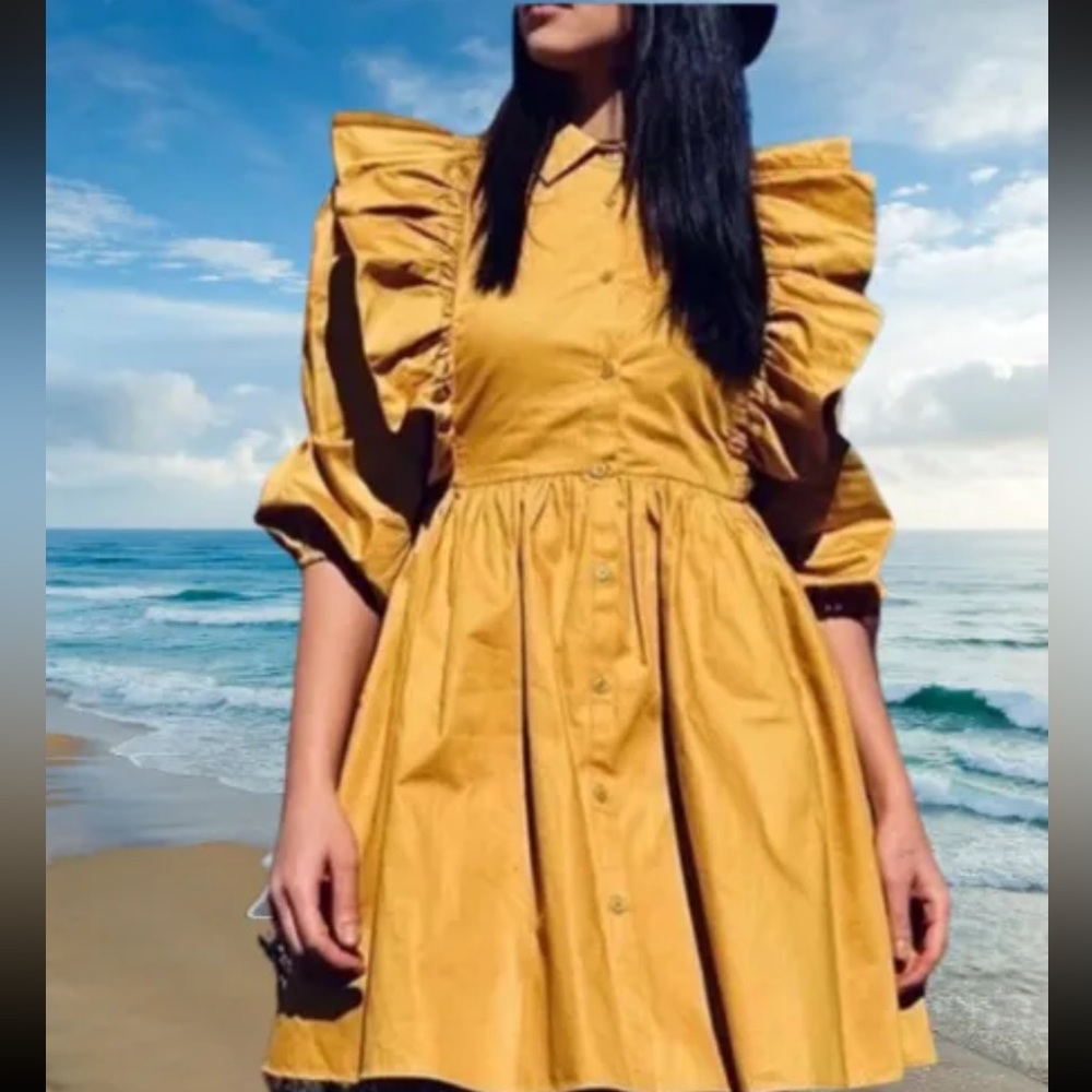 [ZARA] RUFFLED VOLUMINOUS DRESS MUSTARD Size Large new with tag